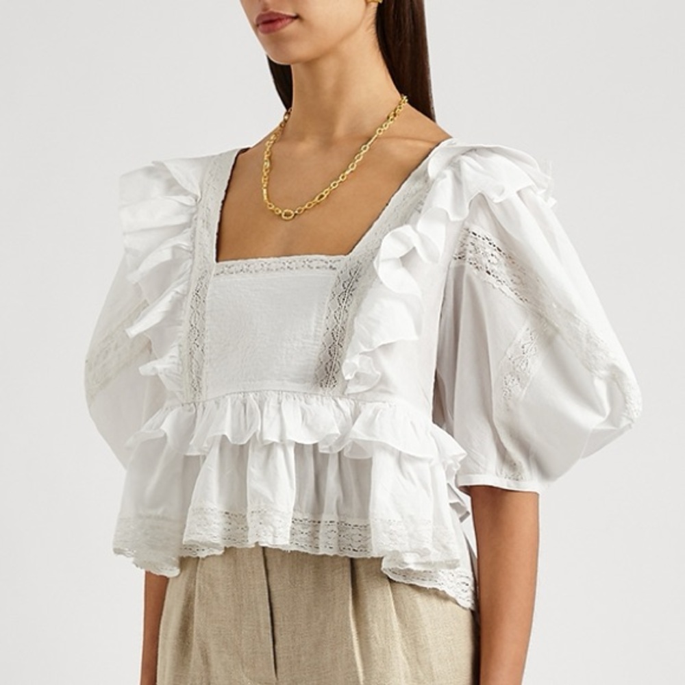 RHODE Charlotte Lace and Ruffle Cotton Peasant Blouse with puff sleeves … (LG)